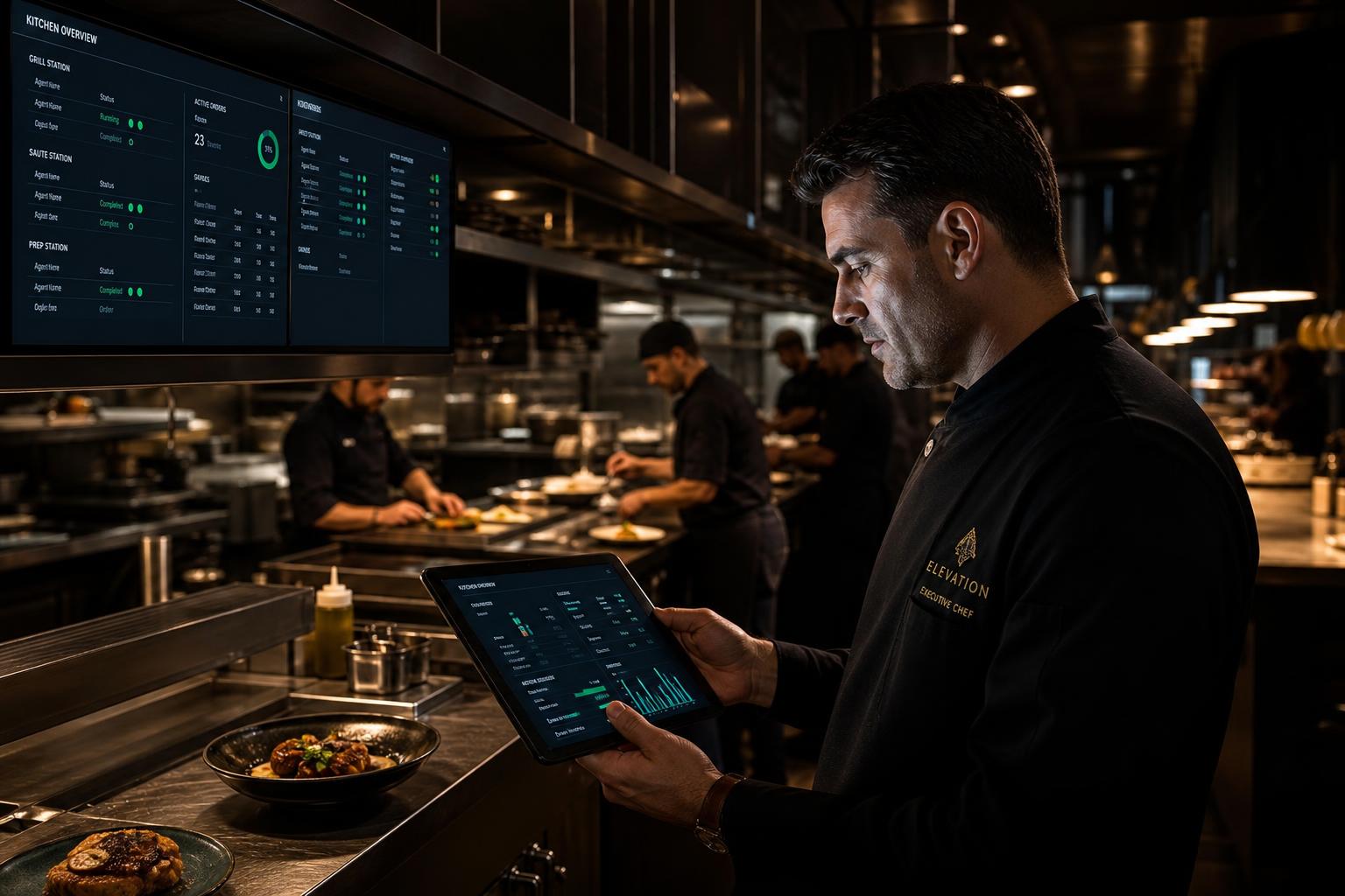 Chef reviewing kitchen operations dashboard at the expo pass